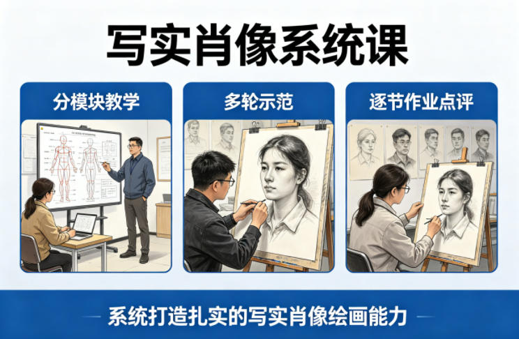写实肖像系统课,全程分模块教学+多轮示范+逐节作业点评,系统打造扎实的写实肖像绘画能力 写实肖像系统课,全程分模块教学+多轮示范+逐节作业点评,系统打造扎实的写实肖像绘画能力