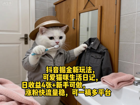 抖音掘金新玩法，可爱猫咪生活日记，日收益4张+新手可做，涨粉快流量稳，可一稿多平台-凡人轻创