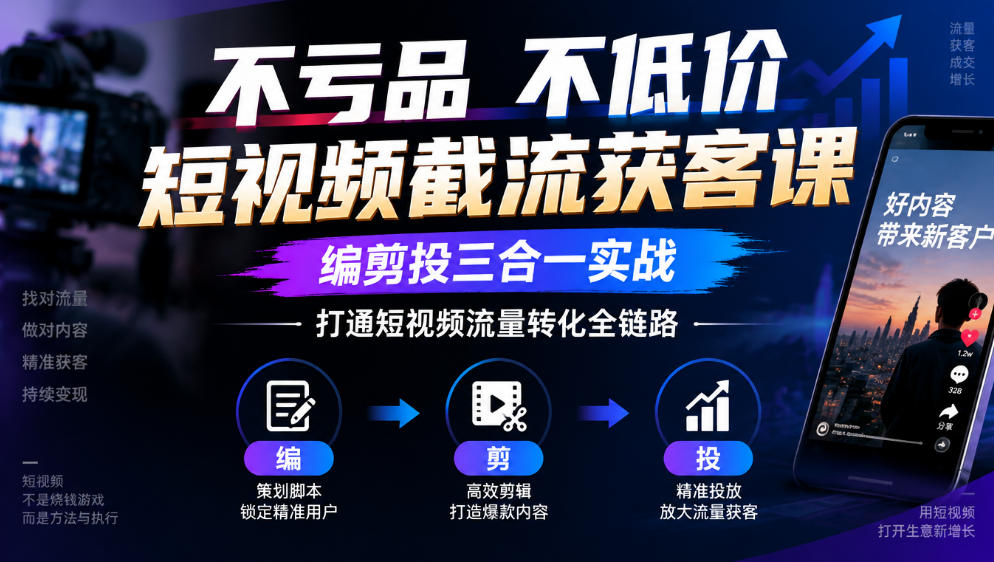 不亏品不低价短视频截流获客课,编剪投三合一实战,打通短视频流量转化全链路-凡人轻创