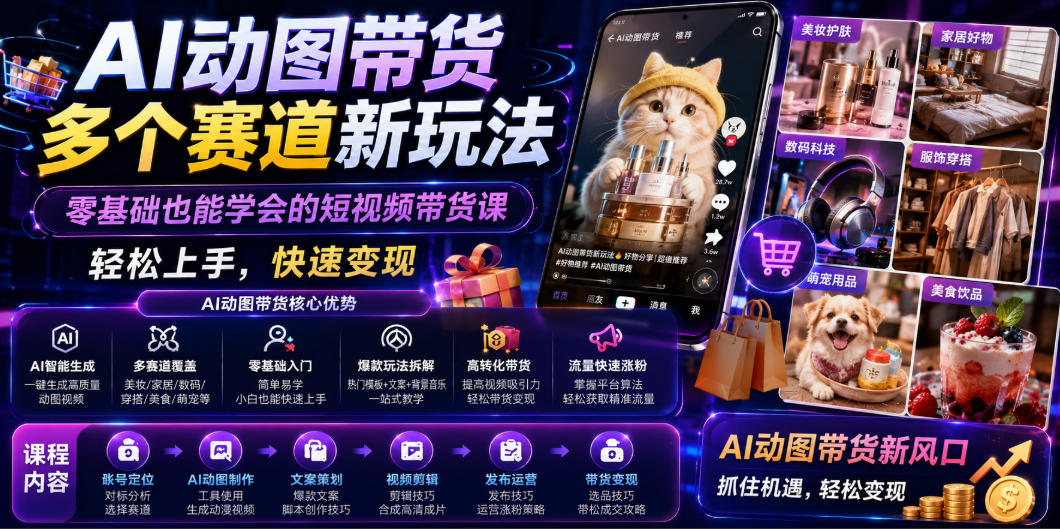 AI动图带货多个赛道新玩法，零基础也能学会的短视频带货课，轻松上手，快速变现-凡人轻创