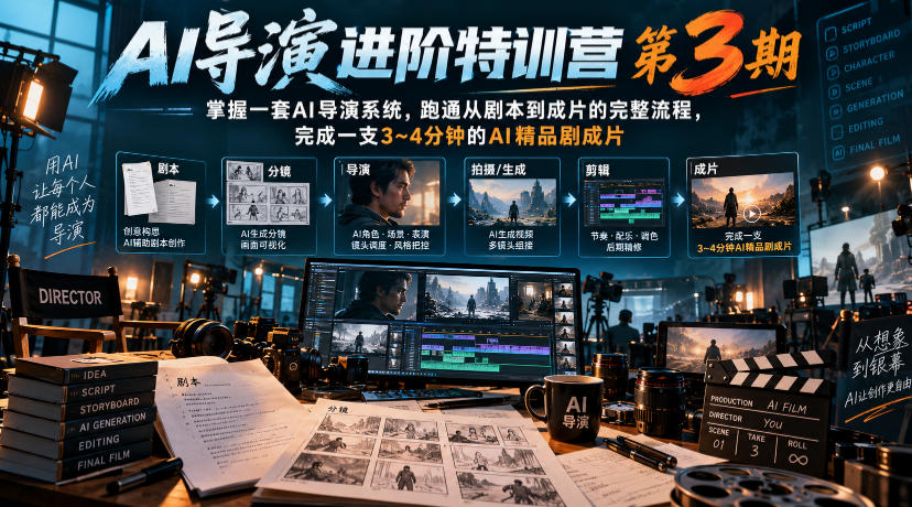 AI导演进阶特训营第3期,掌握一套AI导演系统,跑通从剧本到成片的完整流程,完成一支3~4分钟的AI精品剧成片(附1、2期)-凡人轻创