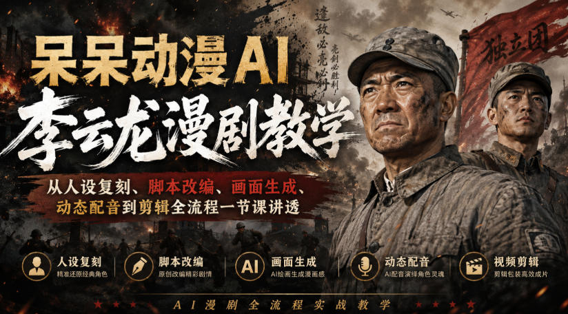 呆呆动漫AI李云龙漫剧教学，从人设复刻、脚本改编、画面生成、动态配音到剪辑全流程一节课讲透-凡人轻创