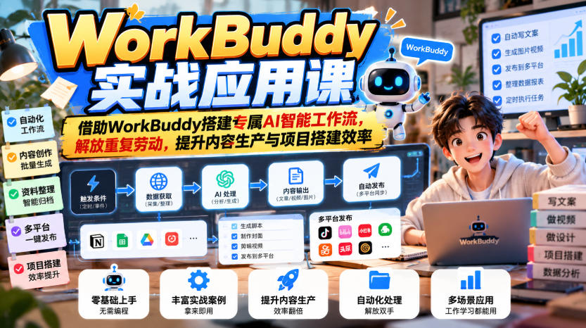 WorkBuddy实战应用课,借助WorkBuddy搭建专属AI智能工作流,解放重复劳动,提升内容生产与项目搭建效率-凡人轻创