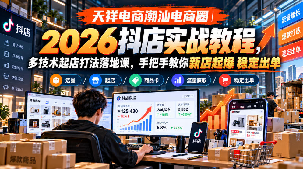 天祥电商潮汕电商圈｜2026抖店实战教程，多技术起店打法落地课，手把手教你新店起爆稳定出单-凡人轻创
