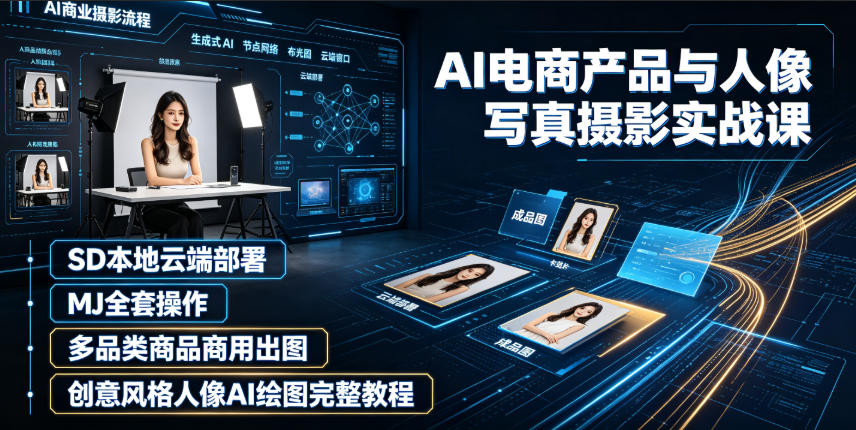 AI电商产品与人像写真摄影实战课｜SD本地云端部署、MJ全套操作、多品类商品商用出图、创意风格人像AI绘图完整教程-凡人轻创