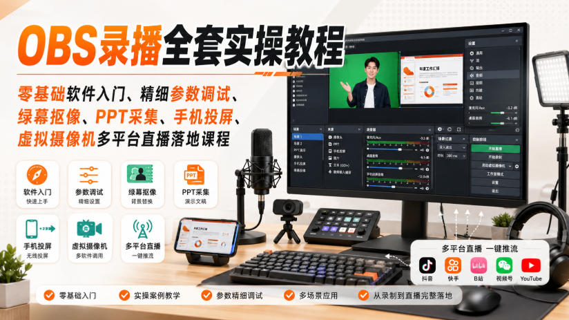 OBS录播全套实操教程｜零基础软件入门、精细参数调试、绿幕抠像、手机投屏、虚拟摄像机多平台直播落地课程-凡人轻创