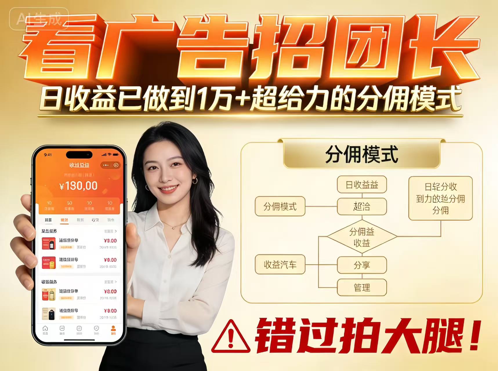 看广告招团长，团队收益已做到日入1万，分佣模式超给力，错过拍大腿-凡人轻创