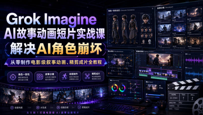 Grok Imagine AI故事动画短片实战课|解决AI角色崩坏,从零制作电影级叙事动画、精剪成片全教程(中英字幕)-凡人轻创
