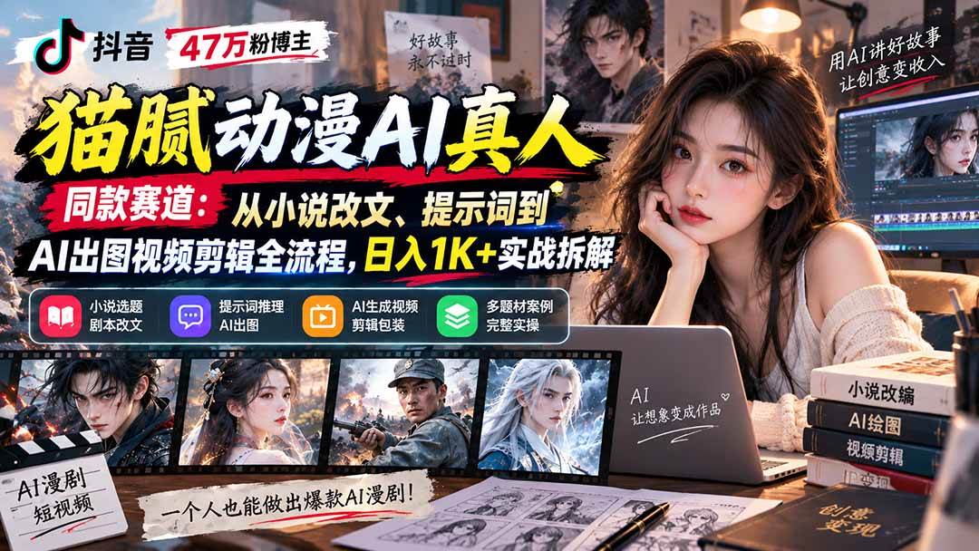 (20524期)抖音47万粉博主猫腻动漫AI真人同款赛道:从小说改文、提示词到AI出图视频剪辑全流程,日入1K+实战拆解-凡人轻创
