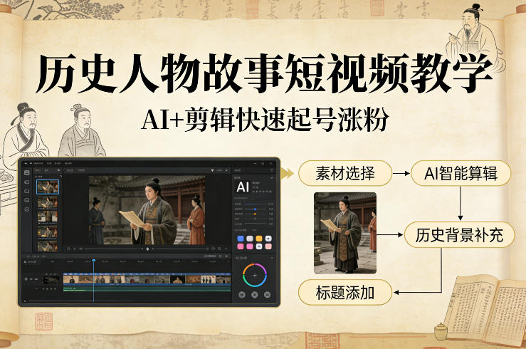 历史人物故事短视频教学,AI+剪辑制作历史人物题材短视频,快速起号涨粉-凡人轻创