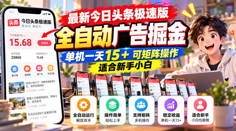 最新今日头条极速版全自动广告掘金,单机一天15+可矩阵操作适合新手小白-凡人轻创