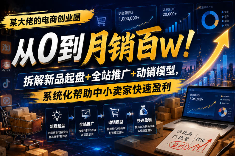 某大佬的电商创业圈从0到月销百W!拆解新品起盘+全站推广+动销模型,系统化帮助中小卖家快速盈利-凡人轻创