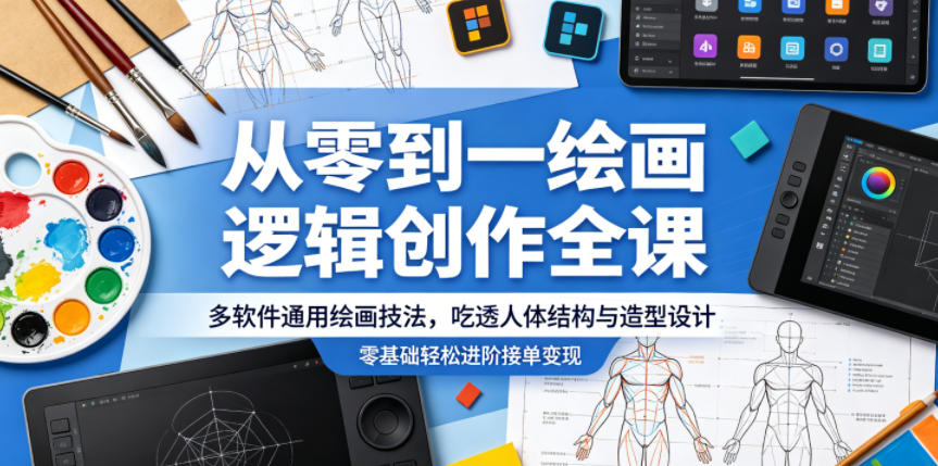 从零到一绘画逻辑创作全课，多软件通用绘画技法，吃透人体结构与造型设计，零基础轻松进阶接单变现-凡人轻创