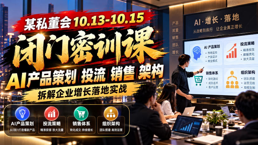 某私董会10.13-10.15闭门密训课,AI产品策划投流销售架构,拆解企业增长落地实战-凡人轻创
