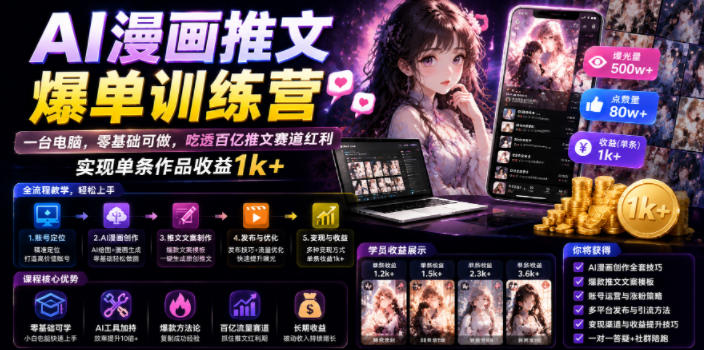 AI漫画推文爆单训练营，一台电脑，零基础可做，吃透百亿推文赛道红利，实现单条作品收益1k+-凡人轻创