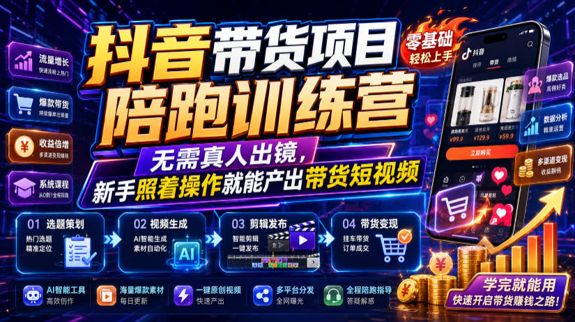 抖音带货项目陪跑训练营,无需真人出镜,新手照着操作就能产出带货短视频-凡人轻创