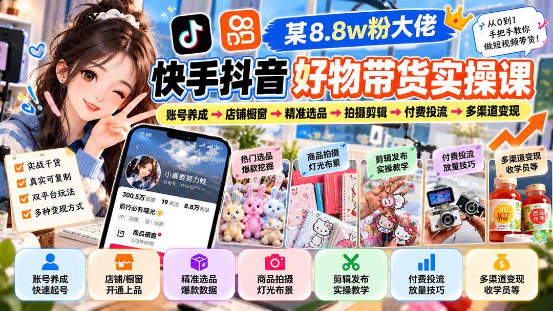 (20733期)某8.8w粉大佬快手抖音好物带货实操课:账号养成→店铺橱窗→精准选品→拍摄剪辑→付费投流→多渠道变现-凡人轻创