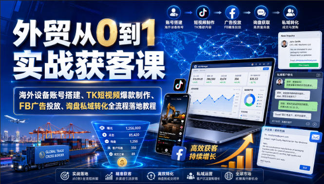 外贸从0到1实战获客课|海外设备账号搭建、TK短视频爆款制作、FB广告投放、询盘私域转化全流程落地教程 外贸从0到1实战获客课|海外设备账号搭建、TK短视频爆款制作、FB广告投放、询盘私域转化全流程落地教程