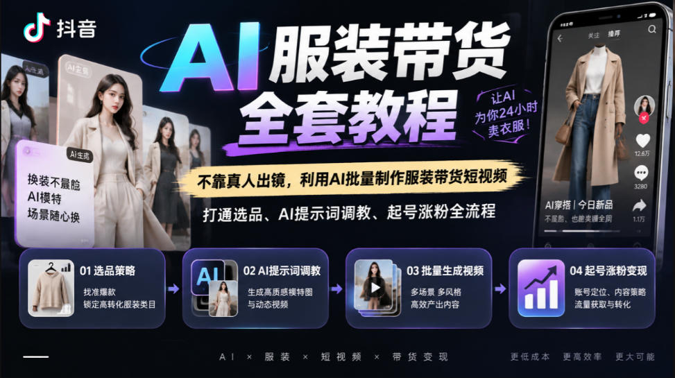 抖音AI服装带货全套教程,不靠真人出镜,利用AI批量制作服装带货短视频,打通选品、AI提示词调教、起号涨粉全流程-凡人轻创