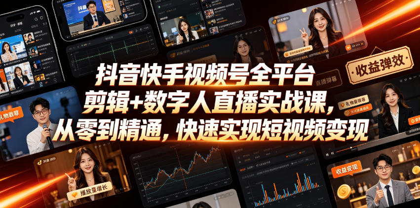 抖音快手视频号全平台剪辑+数字人直播实战课，从零到精通，快速实现短视频变现(更新2026年6月)-凡人轻创