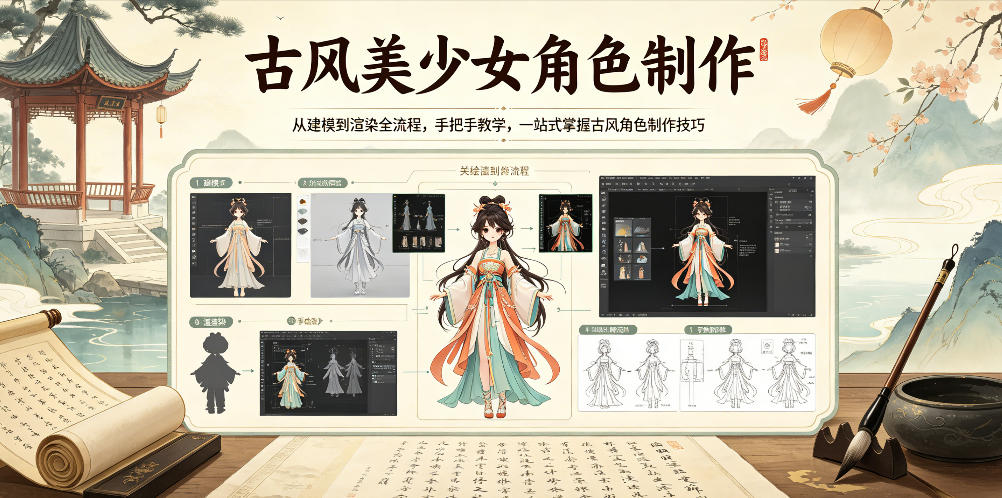 古风美少女角色制作,从建模到渲染全流程,手把手教学,一站式掌握古风角色制作技巧-凡人轻创