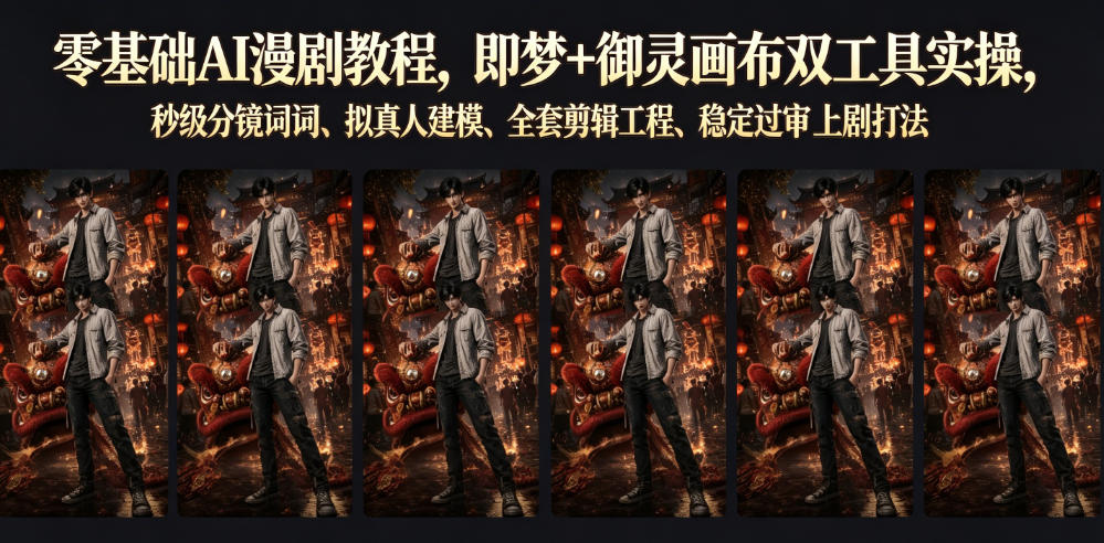 零基础AI漫剧教程,即梦+御灵画布双工具实操,秒级分镜提示词、拟真人建模、全套剪辑工程、稳定过审上剧打法-凡人轻创