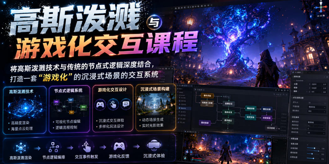 高斯泼溅与游戏化交互课程，将高斯泼溅技术与传统的节点式逻辑深度结合，打造一套“游戏化”的沉浸式场景的交互系统-凡人轻创