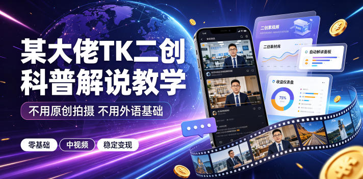 某大佬TK二创科普解说教学，不用原创拍摄不用外语基础，零基础做TikTok中视频稳定变现-凡人轻创