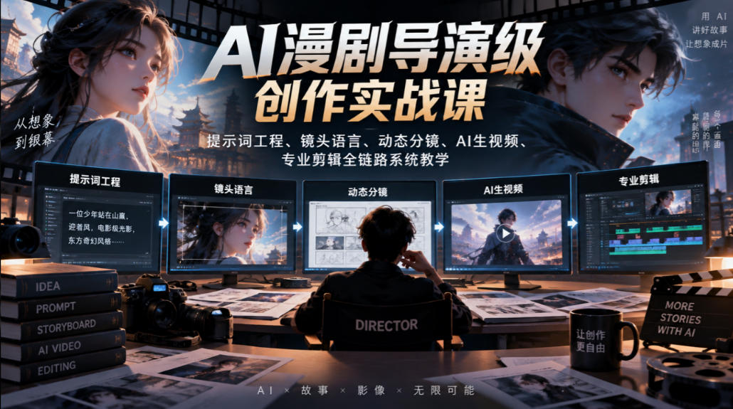 AI漫剧导演级创作实战课|提示词工程、镜头语言、动态分镜、AI生视频、专业剪辑全链路系统教学-凡人轻创