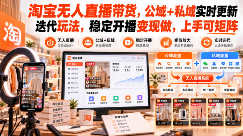 淘宝无人直播带货，公域+私域实时更新迭代玩法，稳定开播变现做，上手可矩阵【揭秘】-凡人轻创