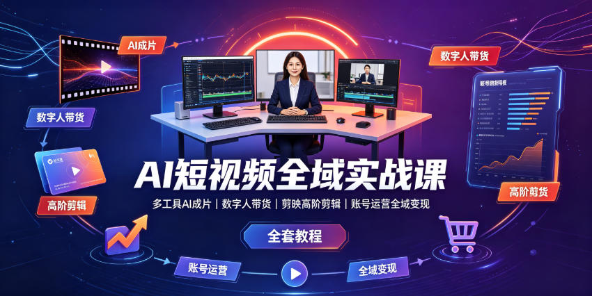 AI短视频全域实战课｜多工具AI成片、数字人带货、剪映高阶剪辑、账号运营全域变现全套教程-凡人轻创