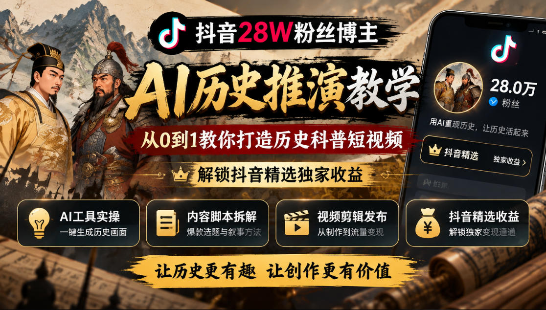 抖音28W粉丝博主的AI历史推演教学,从0到1教你打造历史科普短视频,解锁抖音精选独家收益-凡人轻创