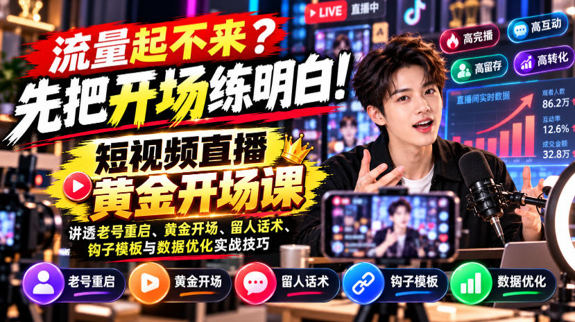 【无水印】流量起不来?先把开场练明白!短视频直播黄金开场课,讲透老号重启、黄金开场、留人话术、钩子模板与数据优化实战技巧-凡人轻创