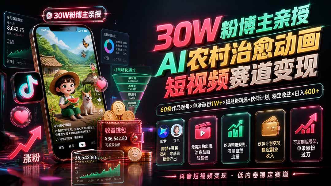 (19648期)30W粉博主亲授AI农村治愈动画短视频赛道变现:60条作品起号×单条涨粉1W+×极易进精选+伙伴计划,稳定收益×日入400+-凡人轻创