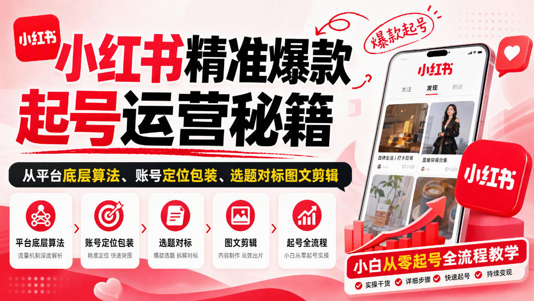 小红书精准爆款起号运营秘籍，从平台底层算法、账号定位包装、选题对标图文剪辑，小白从零起号全流程-凡人轻创