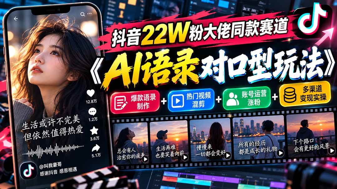 （20990期）抖音22W粉大佬同款赛道《AI语录对口型玩法》：爆款语录制作+热门视频混剪+账号运营涨粉+多渠道变现实操-凡人轻创