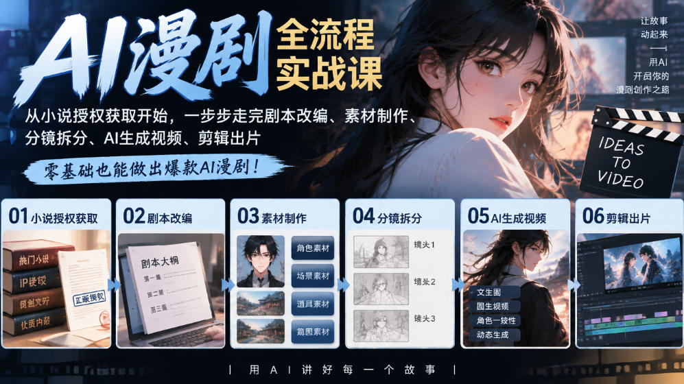 AI漫剧全流程实战课|从小说授权获取开始,一步步走完剧本改编、素材制作、分镜拆分、AI生成视频、剪辑出片全流程-凡人轻创