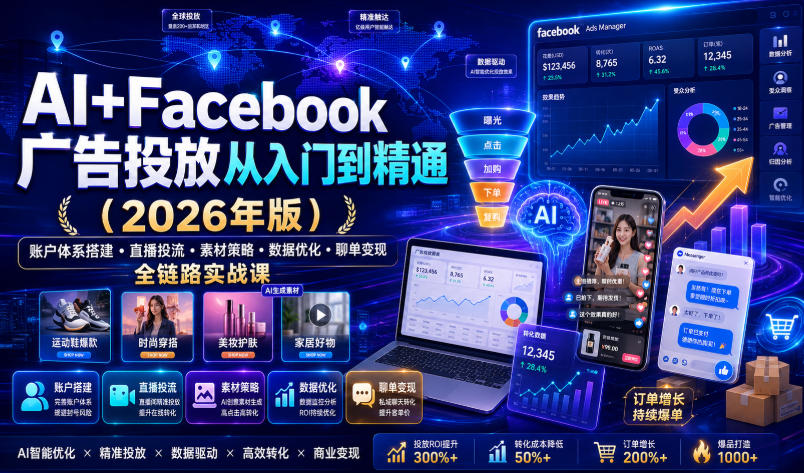 AI+Facebook广告投放从入门到精通(2026年版)|账户体系搭建・直播投流・素材策略・数据优化・聊单变现全链路实战课-凡人轻创