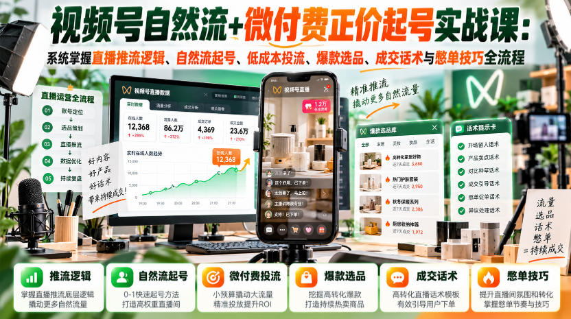 视频号自然流+微付费正价起号实战课:系统掌握直播推流逻辑、自然流起号、低成本投流、爆款选品、成交话术与憋单技巧全流程-凡人轻创